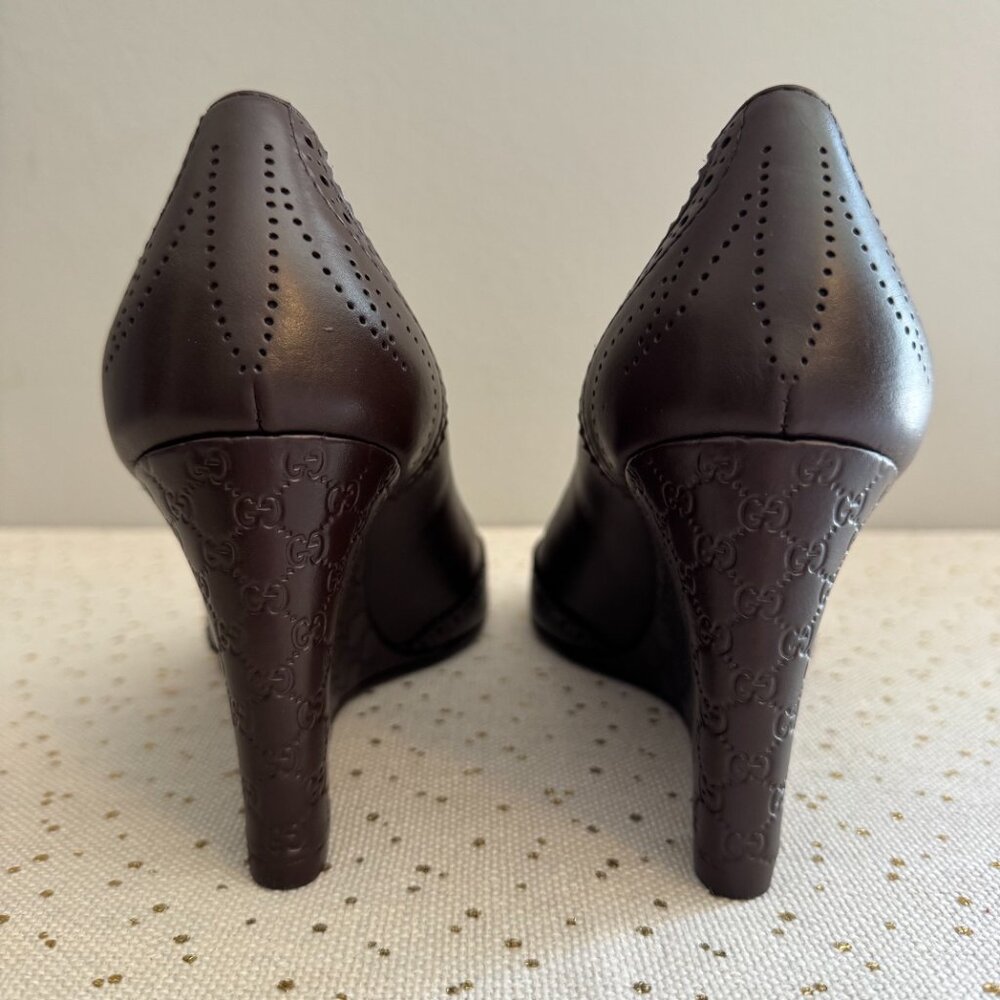 Gucci, Espresso Brown, Wedge Heel, Peep Toe Leather Shoes, Size 38 1/2 - Picture 4 of 10